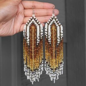 Handmade Bronze Dream Boho Beaded Fringe Earrings Statement Boheme Southwestern